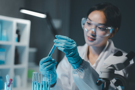 Young scientists in sterile clothing and safety goggles sitting at table conducting research investigations in a medical laboratory using a microscope, Serious concentrated female microbiologist.の写真素材