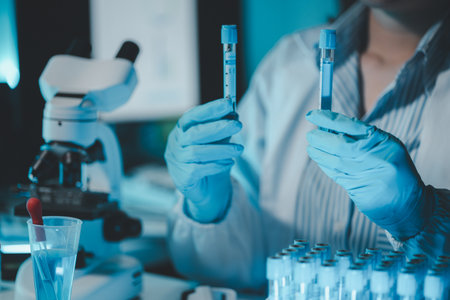 Technician holding tube test in the research laboratory, chemist's hand taking a solution sample tube from a rack with machines of analysis in the lab, Dripping liquid from pipette into tube.の写真素材