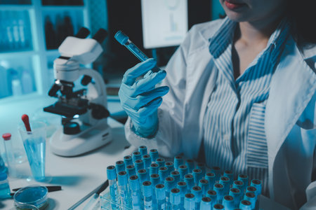 Technician holding tube test in the research laboratory, chemist's hand taking a solution sample...