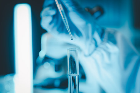 Technician holding tube test in the research laboratory, chemist's hand taking a solution sample...