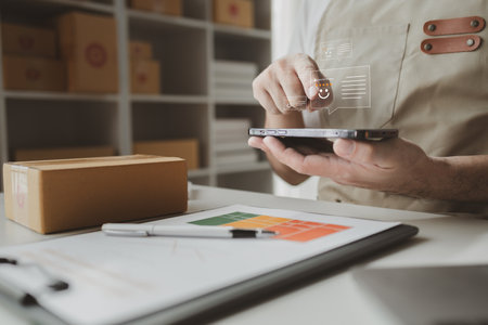 Smartphones are being used to do various activities to promote sales to stores, owner of an online store packs products into parcel boxes based on orders from online sales sites.の写真素材