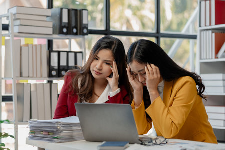 Businesswoman is stressed because of business problems in the office, worried about the company's...