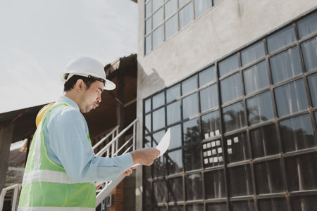 Smart civil architect engineer inspecting and working outdoors structure building site with...