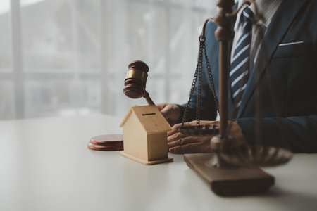 The lawyer sits in his private office, A reliable lawyer is sitting in a firm, The judge is studying information about future cases, concept of justice and law judge in courtroom on wooden table.の写真素材