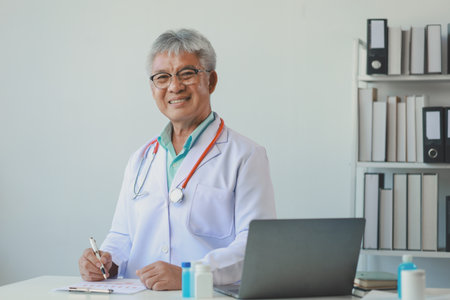 A dignified middle-aged male doctor was sitting in his private office at the hospital, Doctors are sitting and working in various poses. at the hospital happily and happily at workの写真素材