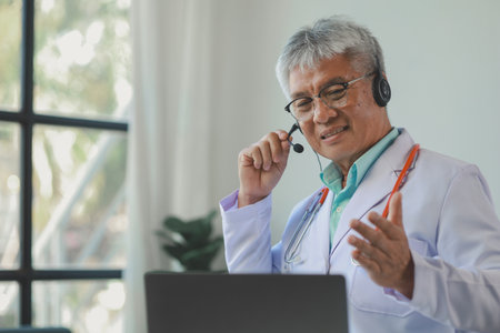 A dignified middle-aged male doctor was sitting in his private office at the hospital, Doctors are sitting and working in various poses. at the hospital happily and happily at workの写真素材