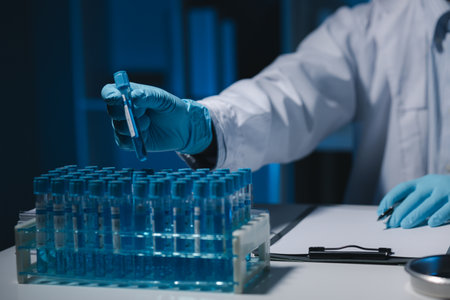 A scientist is writing down the results of an experiment in a report card, A laboratory full of...
