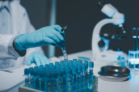 Many test tubes were analyzed by experts, A researcher is carefully studying the liquid contained in...