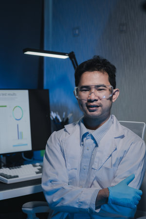 Working in a laboratory of scientific researchers, Chemist or scientist or researcher sitting at lab during work time, Laboratory where researchers work Chemists and scientistsの写真素材