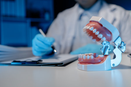 The dentist is taking notes summarizing all of the patient's treatments for the day, An oral...