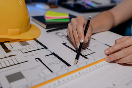 An engineer is working in a private office with documents spread across the table, An architect is carefully analyzing blueprints with various tools to get the best results before sending to client.の写真素材