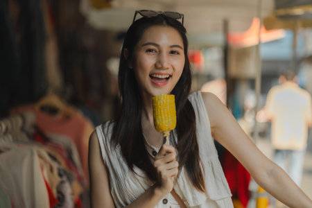 a beautiful Asian woman is walking around street food market in day time, lovely teenager is smiling and feeling happy on her holiday,  traveler gorgeous woman extremely enjoy on her vacationの写真素材