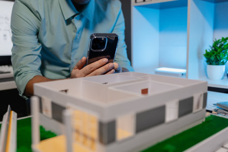 an engineer is doing a big project in the office, an architect uses electronic device to make the work he is doing easier, blueprint and model are on the desk, employee is working with concentrationの写真素材