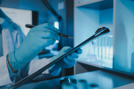 a scientist is working in laboratory and taking note of experiment result, paperwork has chemical's name on it, after research all sample and get result a chemist have to write it down on paper reportの写真素材