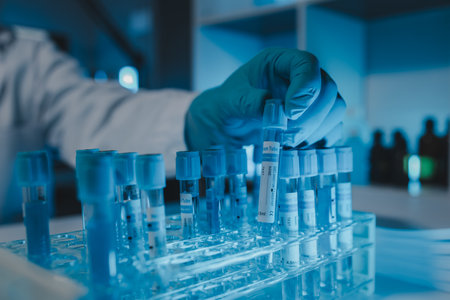 a scientist is working in a laboratory, a chemical researcher is preparing sample for a vaccine against a virus, work in lab concentrate is the most important because chemicals are dangerousの写真素材