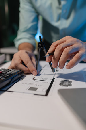 The architect is working on blueprint of important project by using his creativity, the engineer drafts and uses construction design equipment, full of design paperwork on the architect's deskの写真素材