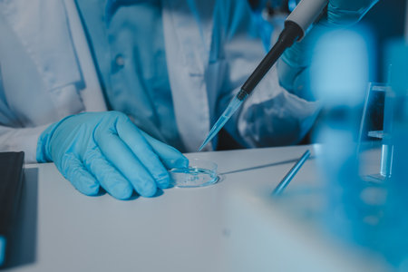 a scientist is working in a laboratory, a chemical researcher is preparing sample for a vaccine against a virus, work in lab concentrate is the most important because chemicals are dangerousの写真素材