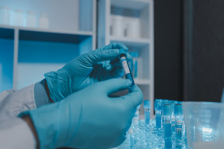 a scientist is working in a laboratory, a chemical researcher is preparing sample for a vaccine against a virus, work in lab concentrate is the most important because chemicals are dangerousの写真素材