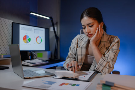 a businesswoman is feeling exhausted and stressed because of she has to work overtime from overworked, she get upset of task that she has to finish because deadline is comingの写真素材