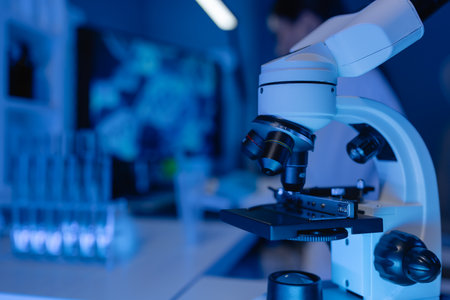 atmosphere of working in laboratory, there is a microscope in on the table for use to experiment in...