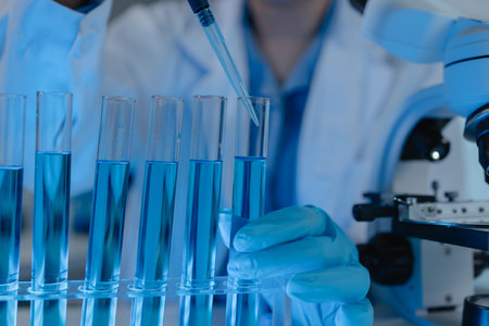 scientist is working on an important liquid inside tube in laboratory, the discovery of a vaccine to...