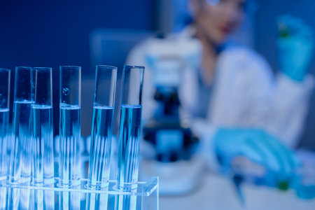scientist is working on an important liquid inside tube in laboratory, the discovery of a vaccine to protect against currently spreading virus has been discovered, wear gloves and goggles for safetyの写真素材