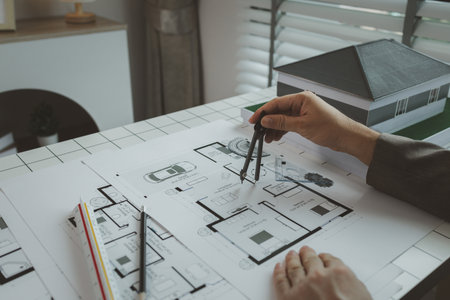 An architect is working in the office, there are blueprint and house model on the desk, engineer is...