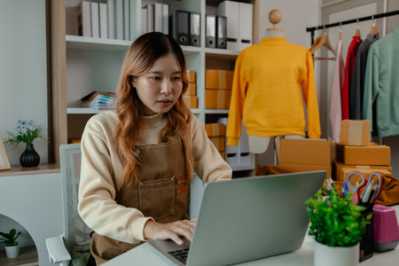 an entrepreneur or a business owner works in her office full of packages, it is a small business that she created with careful preparation, start up business of clothesの写真素材