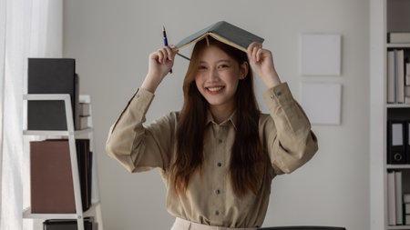 a businesswoman is showing smile on her face because she feels relax and cozy while take a rest in...