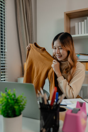 the business owner or an entrepreneur is doing live marketing to sell her products that is clothing through online channels for all customers who like to do online shoppingの写真素材
