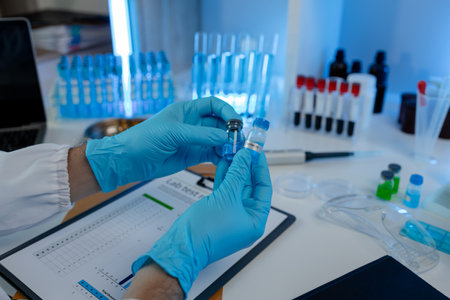 working atmosphere in the laboratory, chemistry and science specialist working in a lab with various experimental equipment and substances, experimental professional working in the labの写真素材