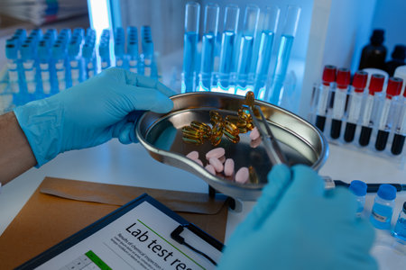 a scientist is testing various pills in order to improve their quality an effectiveness in the laboratory, a chemist is testing the chemistry of various pill capsules in a medicine laboratoryの写真素材