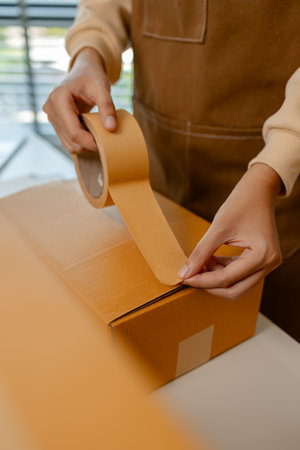 a beautiful female employee is packing clothing items into parcel box with great preparation...