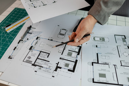An architect is working in the office, there are blueprint and house model on the desk, engineer is...