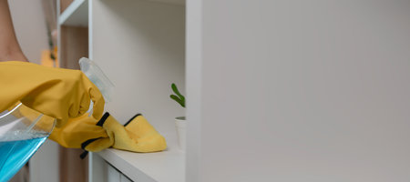 she is cleaning her apartment every weekend to keep everything neat, living room has no dust at all, wearing protection while cleaning which is gloves and apron, furniture, maidの写真素材