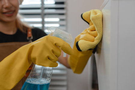 she is cleaning her apartment every weekend to keep everything neat, living room has no dust at all, wearing protection while cleaning which is gloves and apron, furniture, maidの写真素材