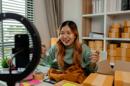 the business owner or an entrepreneur is doing live marketing to sell her products that is clothing through online channels for all customers who like to do online shoppingの写真素材
