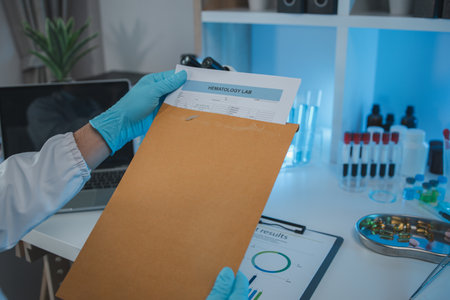 A scientist is reviewing lab results and documents receives from researchers involved in chemical testing, chemist is concentrating on reading test results documentの写真素材