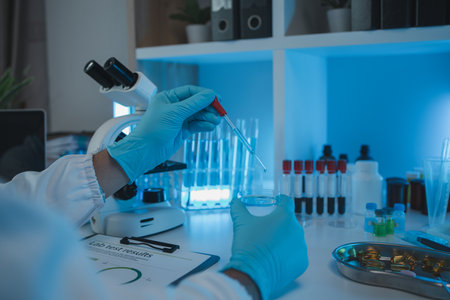 a researcher is conducting scientific experiments on a liquid substance, a scientist is using laboratory equipment to analyze a liquid sample, chemicals are tested in a labの写真素材