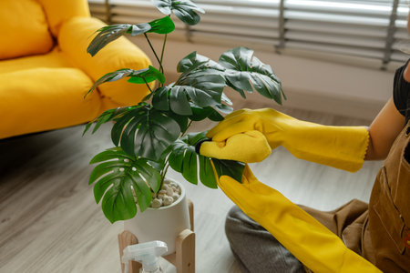 cleaning every single furnitures and decorations to keep them clean and neat before her parent back home, remove dust in living room with spray and towel, wearing gloves and apron.の写真素材