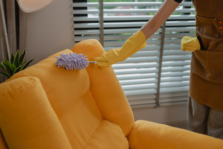 she is cleaning her apartment every weekend to keep everything neat, living room has no dust at all, wearing protection while cleaning which is gloves and apron, furniture, maidの写真素材