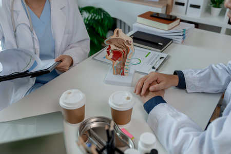 two ENT specialists are discussing the most appropriate treatment for a patient, the two doctors are exchanging their opinions on ENT treatment, anatomy, stethoscope, modelの写真素材
