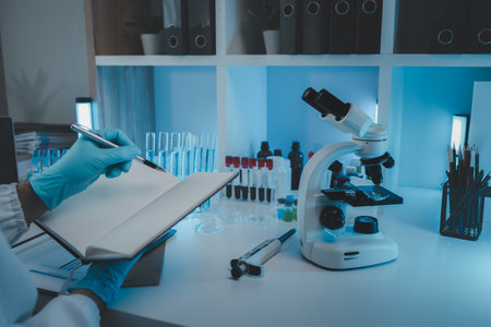 working atmosphere in the laboratory, chemistry and science specialist working in a lab with various experimental equipment and substances, experimental professional working in the labの写真素材