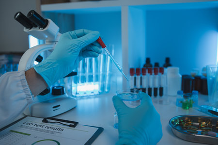 a researcher is conducting scientific experiments on a liquid substance, a scientist is using laboratory equipment to analyze a liquid sample, chemicals are tested in a labの写真素材