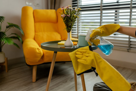 she is cleaning her apartment every weekend to keep everything neat, living room has no dust at all, wearing protection while cleaning which is gloves and apron, furniture, maidの写真素材