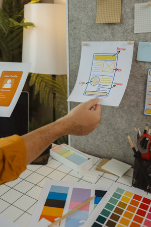 A web developer is analyzing data from his ideas to develop the structure and components of a digital product that best meets the needs of users, ux, ui, interface, experienceの写真素材