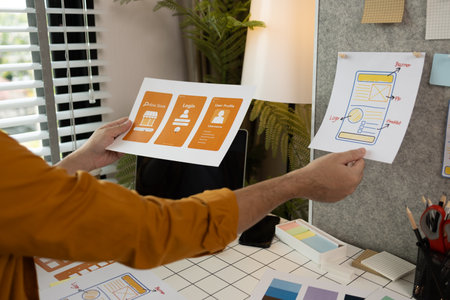 A web developer is analyzing data from his ideas to develop the structure and components of a digital product that best meets the needs of users, ux, ui, interface, experienceの写真素材