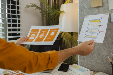 A web developer is analyzing data from his ideas to develop the structure and components of a digital product that best meets the needs of users, ux, ui, interface, experienceの写真素材