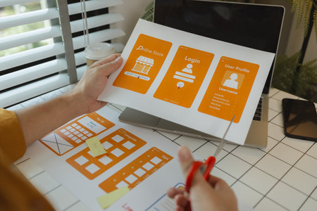 A digital product developer is working on a plan to work with research data to guide the development of a website that is as effective as possible for users, while also being visually appealingの写真素材