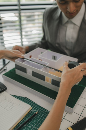 an architect and his assistant are brainstorming and examining the blueprints, two engineers are discussing a construction plan to make the structure stronger, draft, meeting, teamworkの写真素材